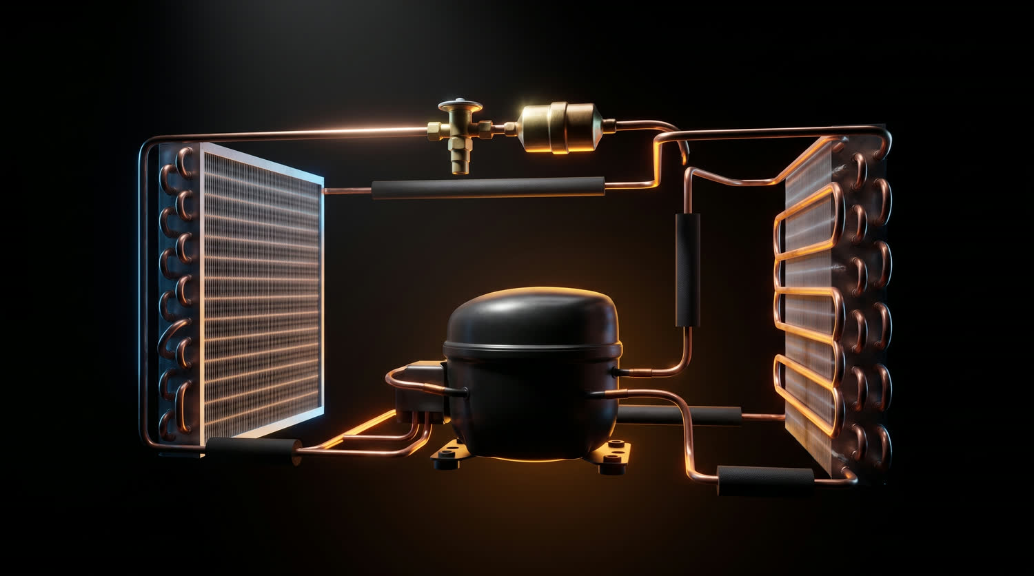 The four parts of a refrigeration circuit on their own with no cabinet around them: an evaporator coil on the left, an expansion valve and filter drier across the top, a condenser coil on the right and a compressor below, joined into one closed loop of copper tubing